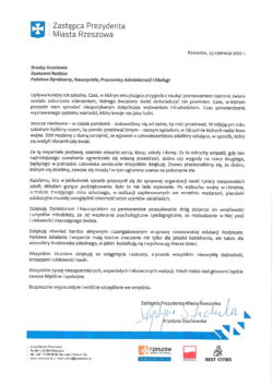 List Zastępcy Prezydenta Miasta Rzeszowa Pani Krystyny Stachowskiej z okazji zakończenia roku szkolnego 2021/2022