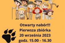 Rysunek grupy dzieci, pomarańczowe tło, logo Związku Harcerstwa Polskiego